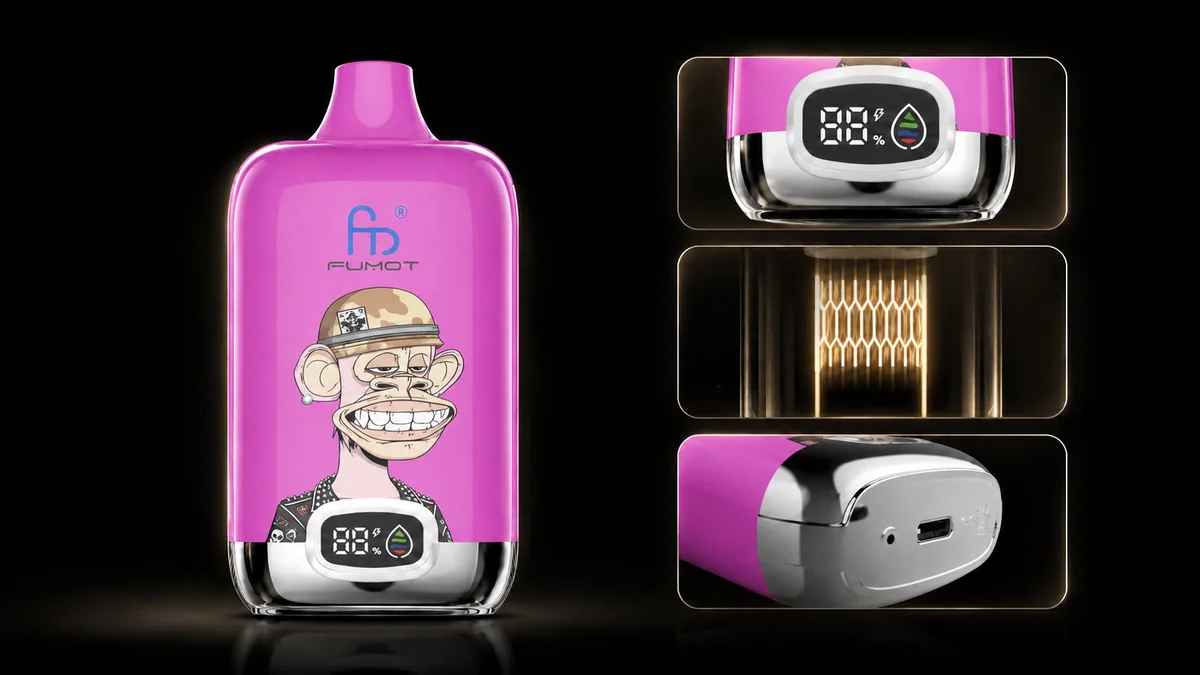 Fumot Digital Box 12000 Bluesour Raspberry Vape Funktionsdetails mit Display, Mesh Coil und Ladeanschluss