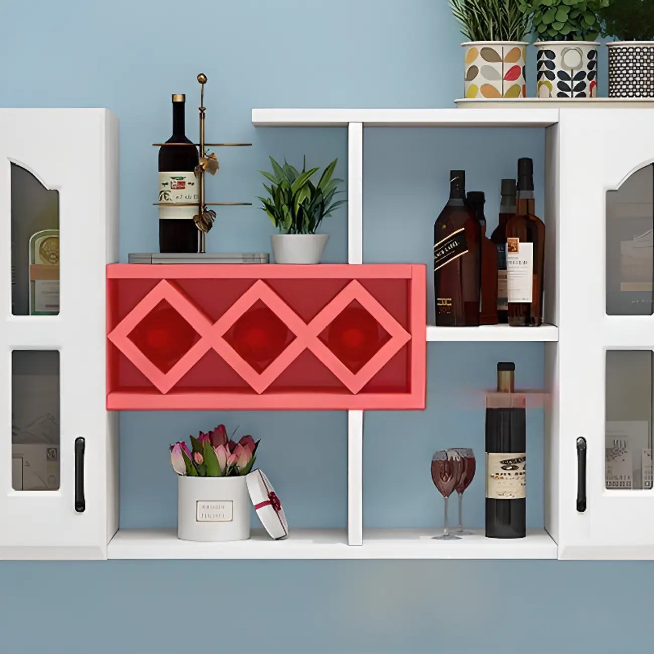 Wooden Wall-Fixed Bottle Holder Rack with Glass Holder Shelf