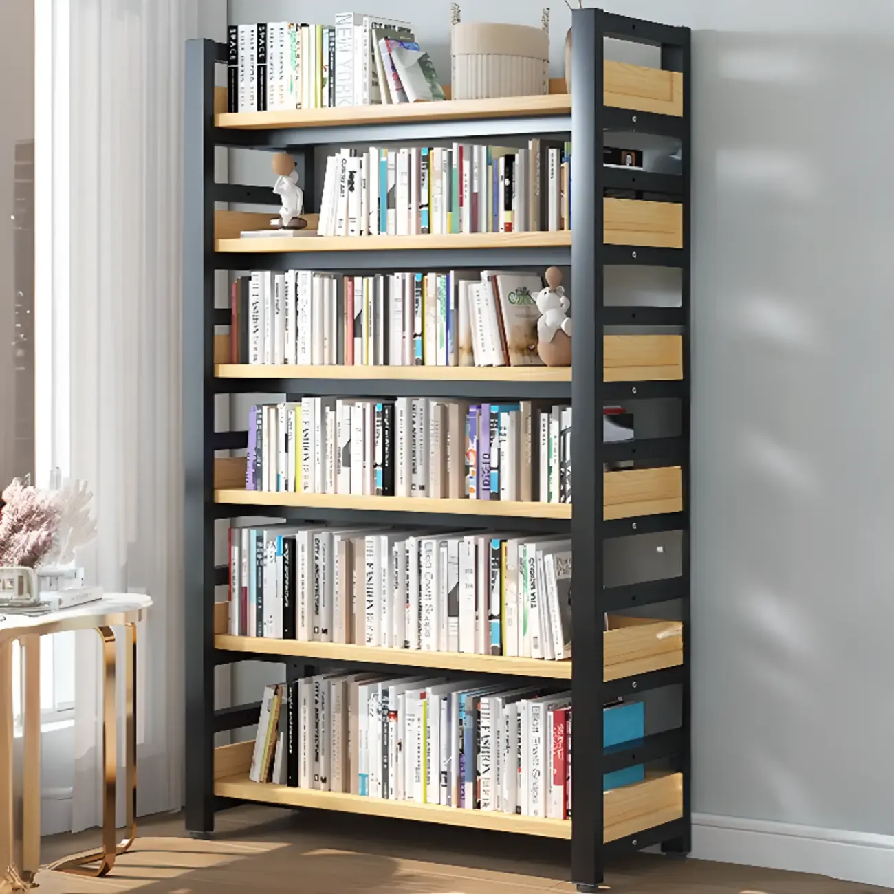 Freestanding Simple Multi-Layer Wood Bookshelf in Steel Frame