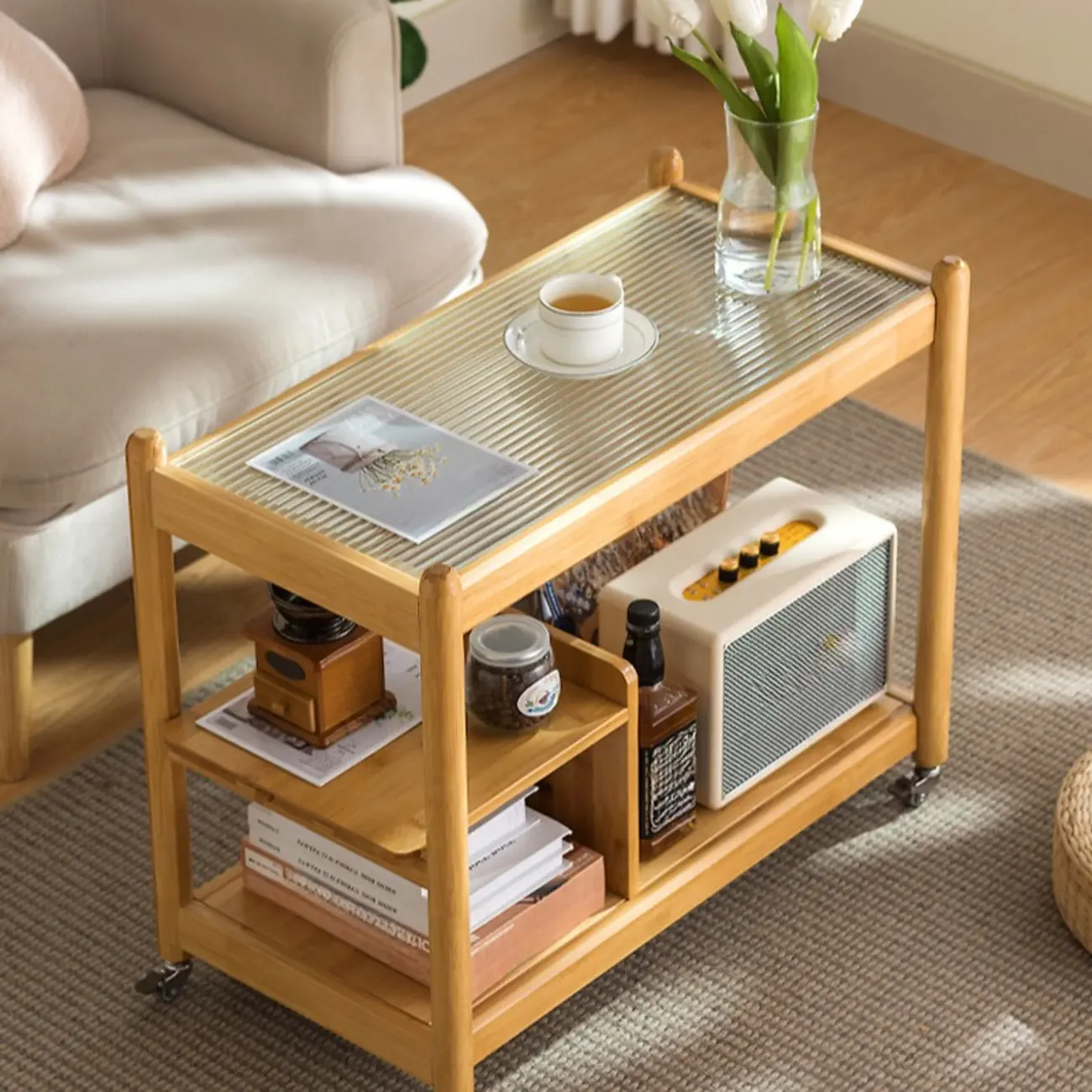 Rectangular Wide Nut-Brown Glass Top Side Table with Wheels
