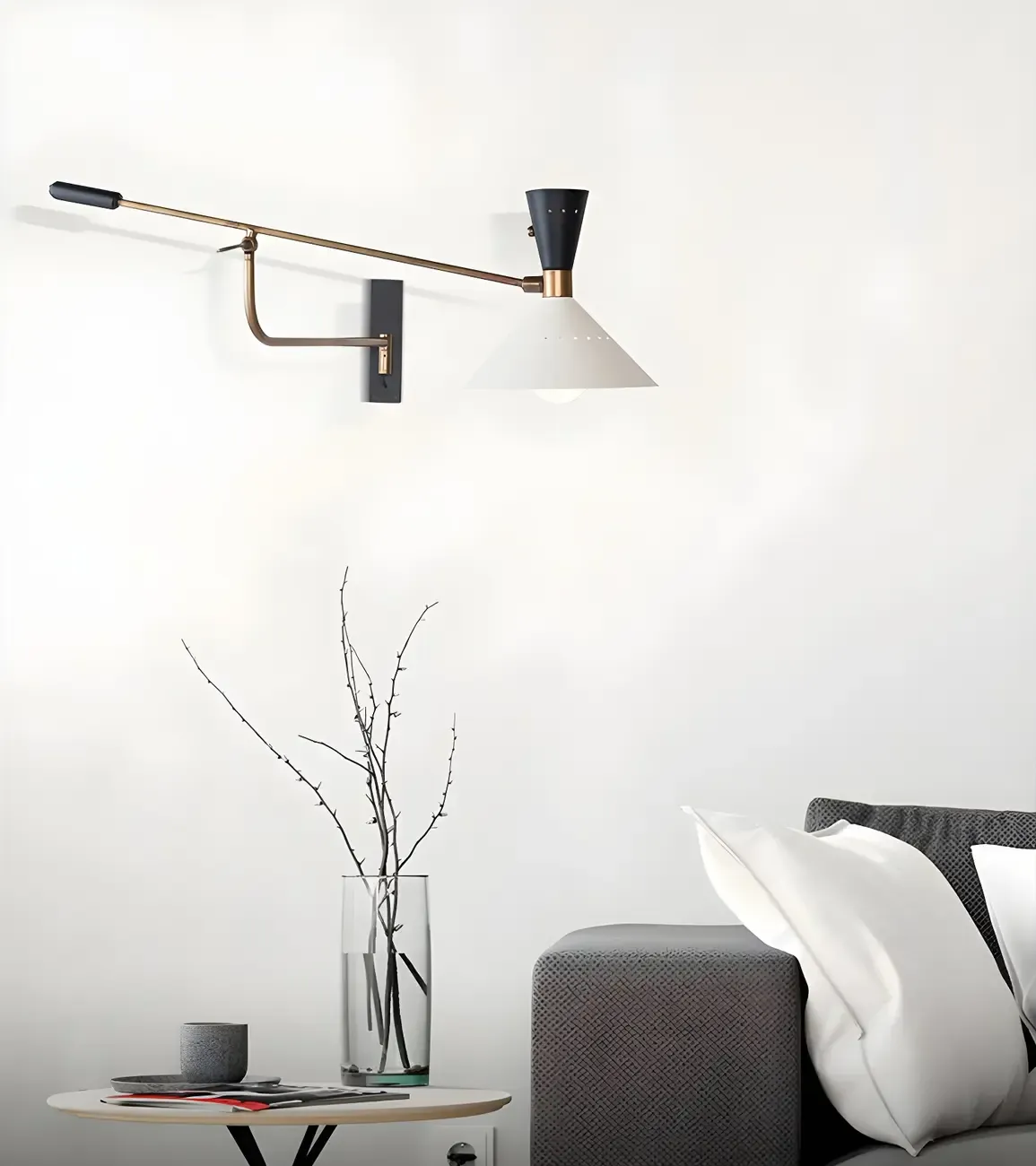 Modern Brass White Conical Arm Swing Wall Light
