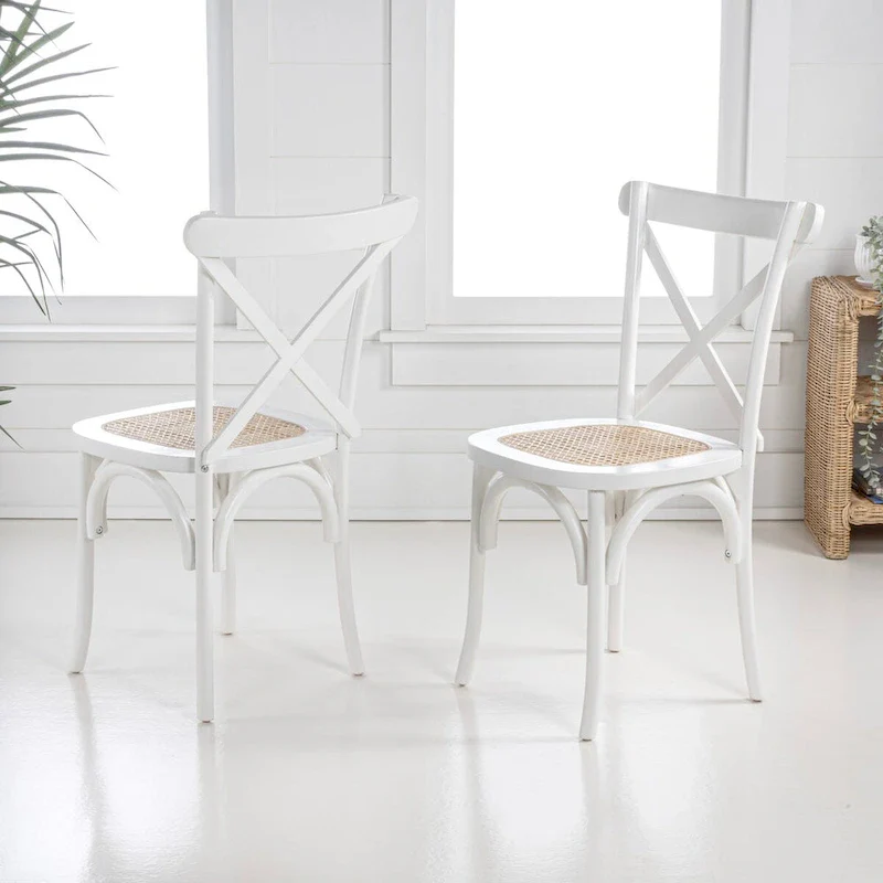 Colmar Classic Traditional X-Back Wood Rattan Dining Chair, Natural (Set of 2) by JONATHAN Y