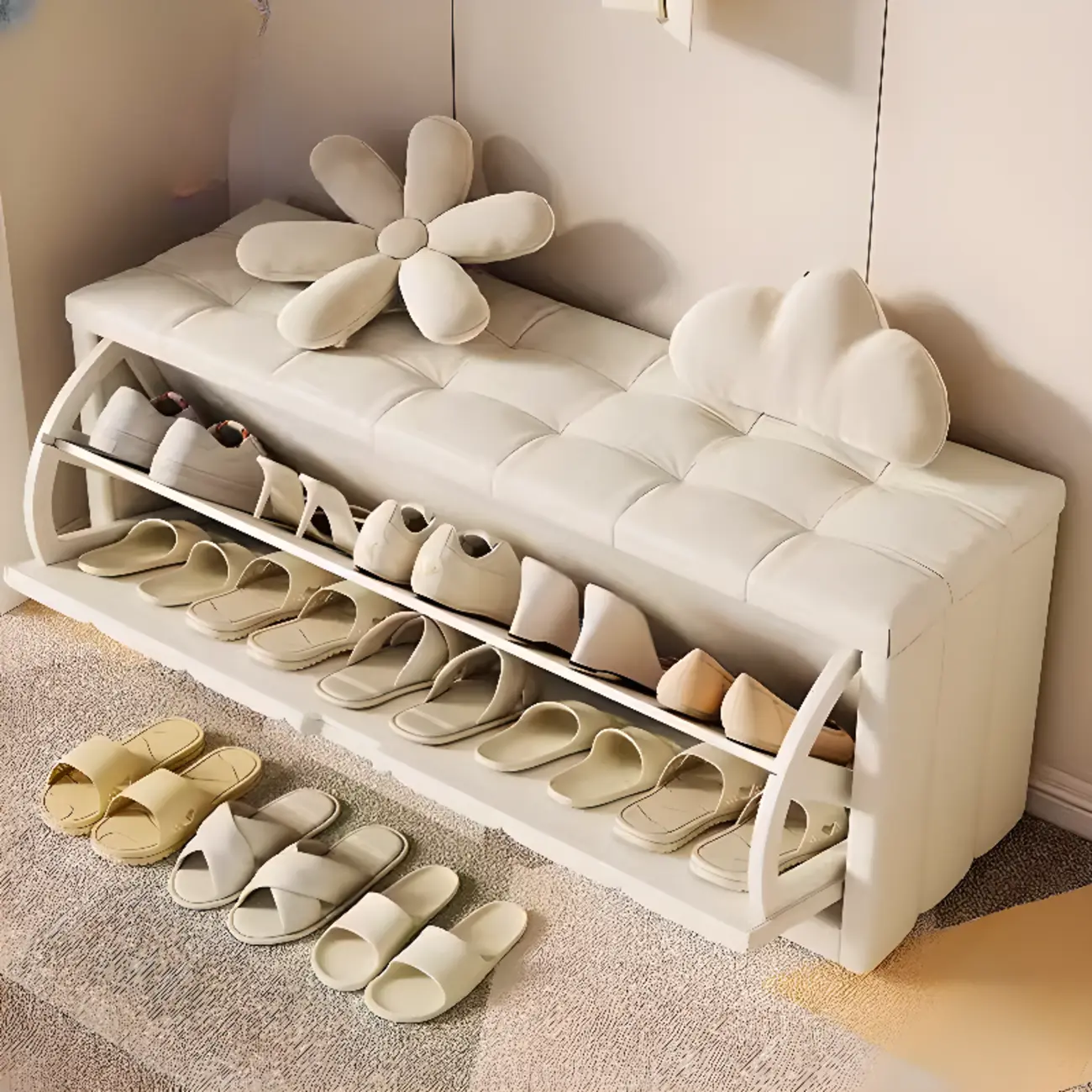 Adjustable Shelves Drop Front Wood Cushioned Shoe Bench