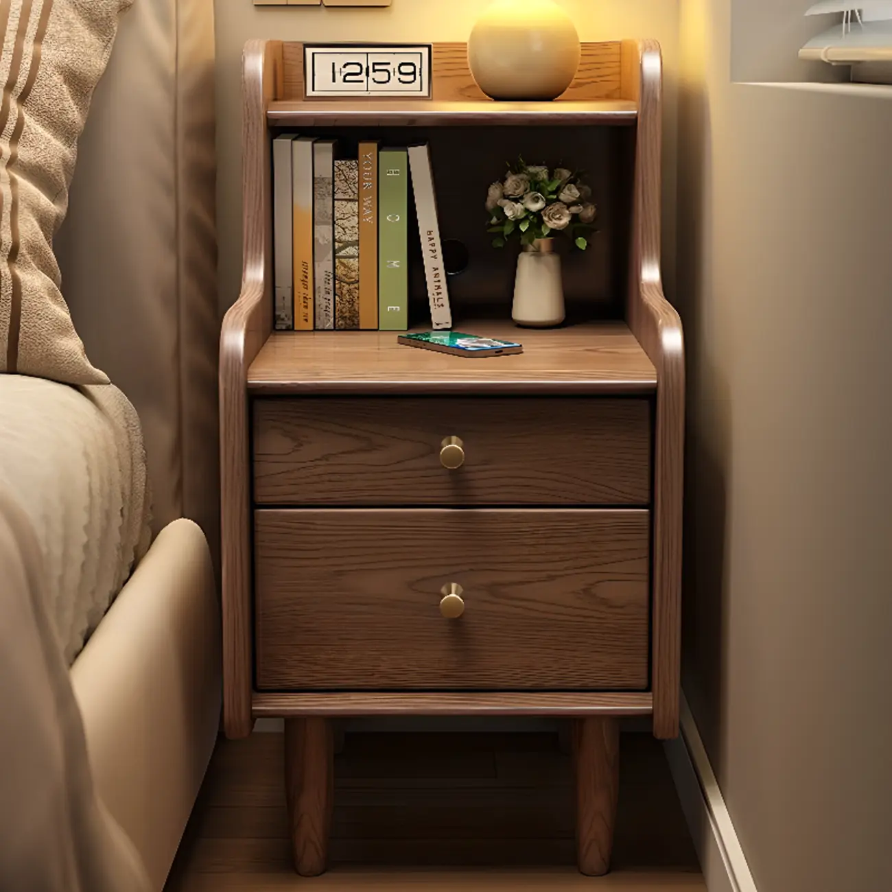 Tall Nut-Brown Wood Beside Nightstand with Drawers