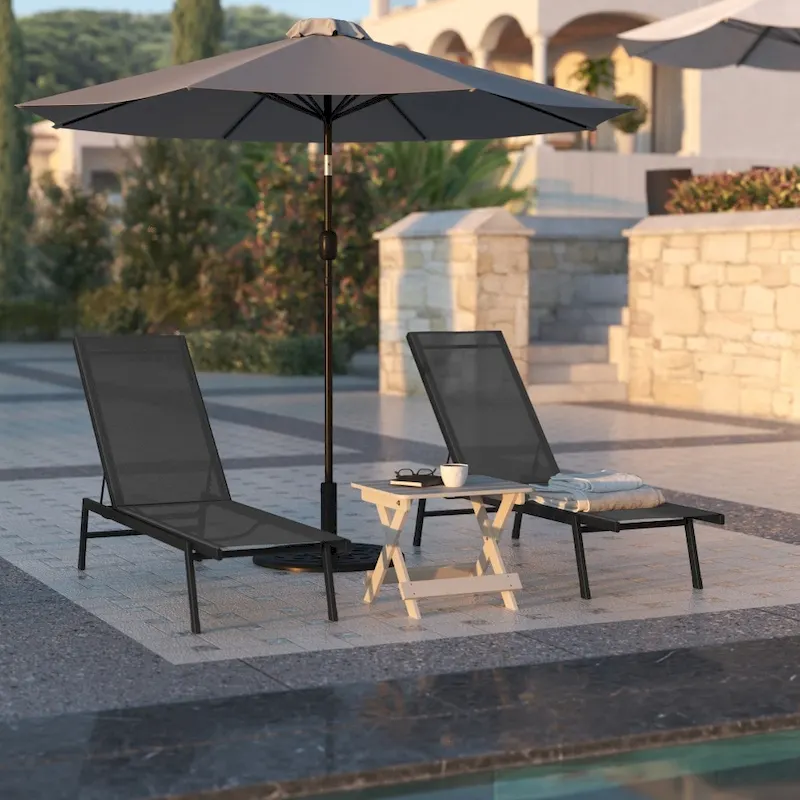 Set of 2 All-Weather Textilene Adjustable Chaise Lounge Chairs with Arms