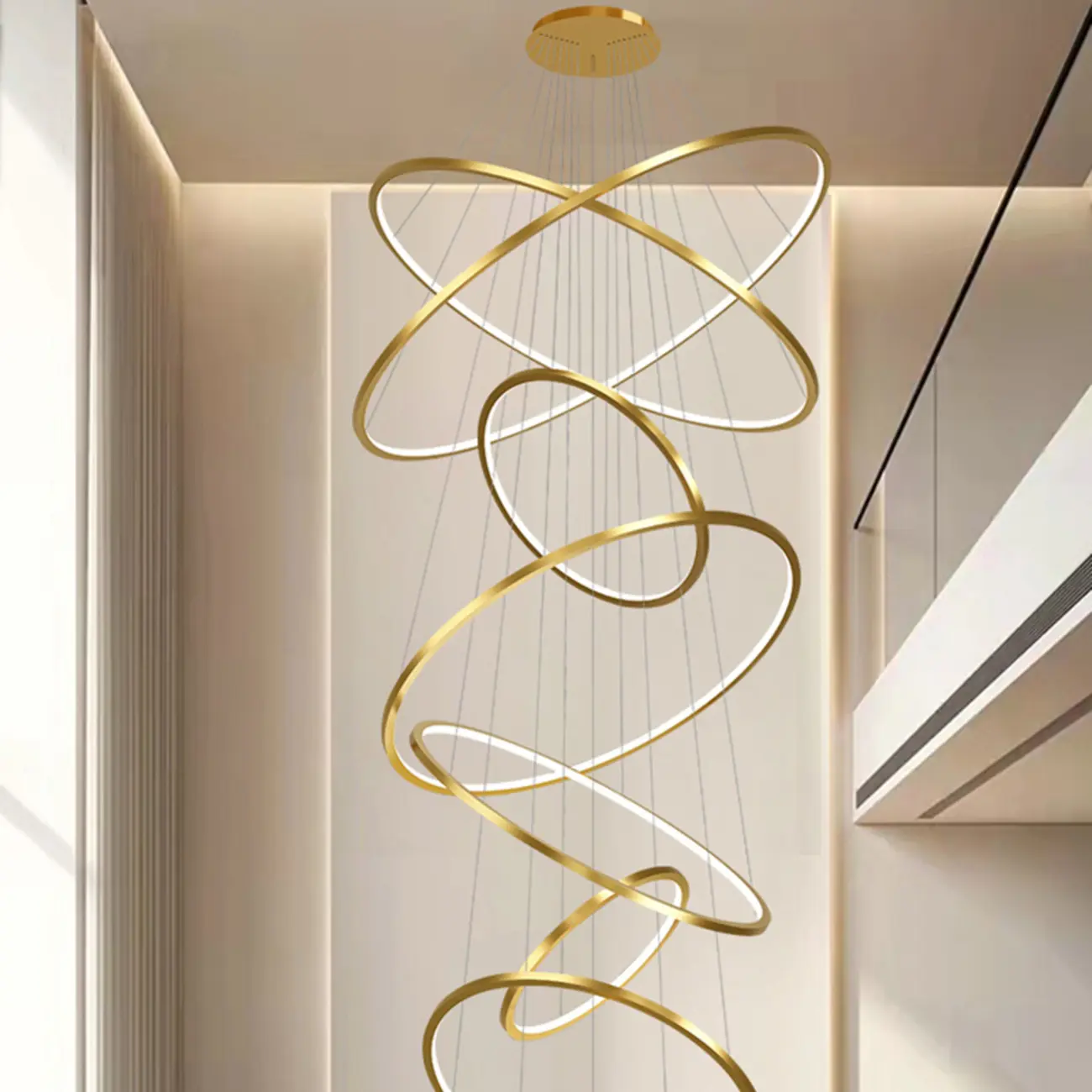 Modern Gold Ring Stairwell Chandelier Warm Light LED