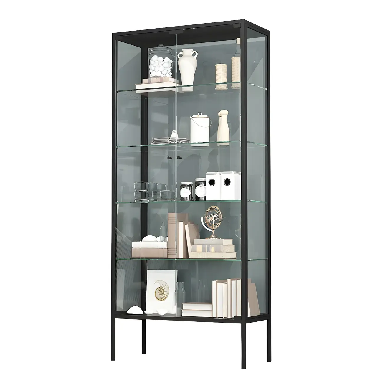 Black Metal Frame Glass Shelves Curio Cabinet