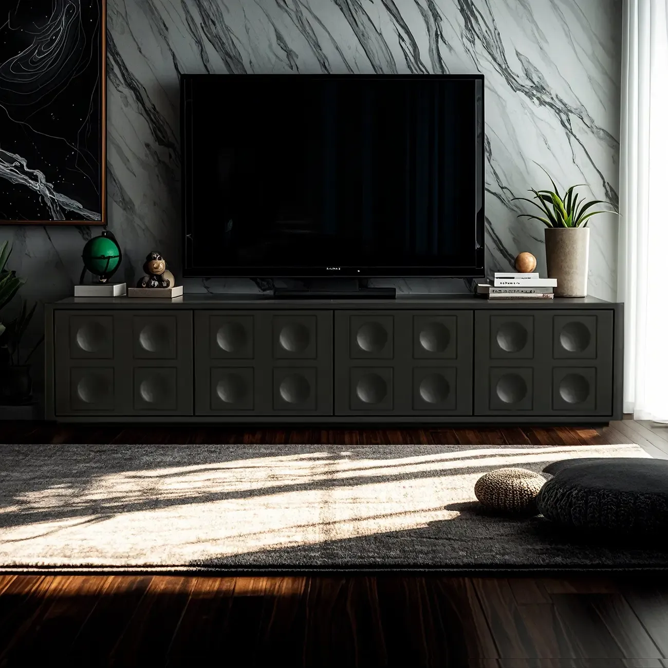 79 Black Long Stone Geometric Cabinet Doors TV Stand