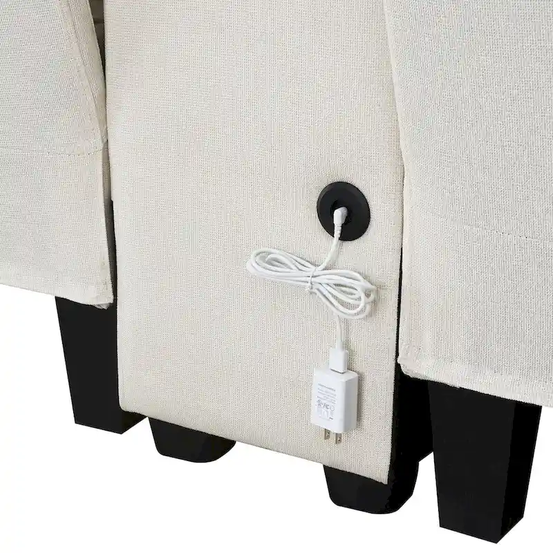 Modern Linen Fabric Upholstered Sofa with Console, 4Pillows,Cupholders,USB