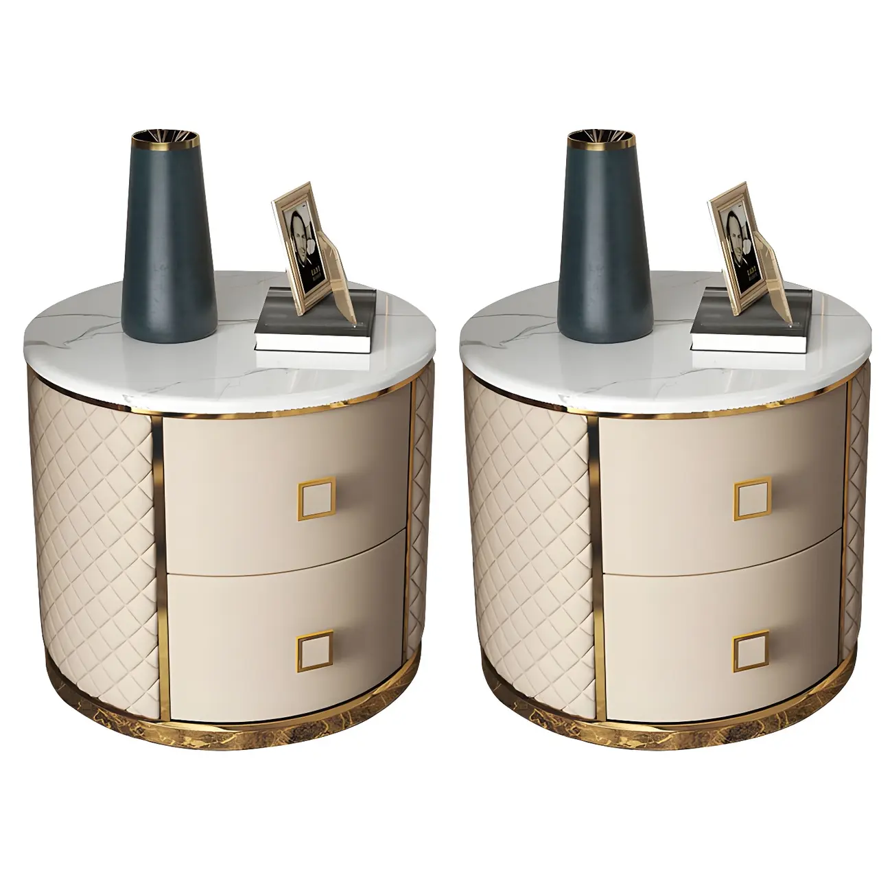 Glam Round Leather Nightstand with Marble Countertop 2 Drawers