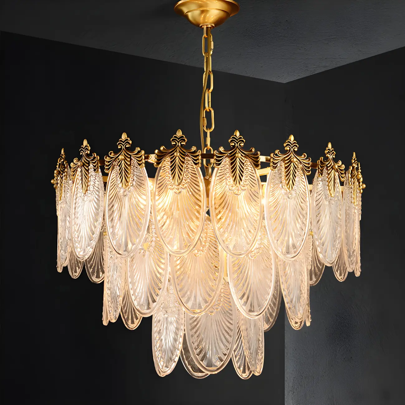 Elegant Brass Ribbed Glass Tiered Chandelier