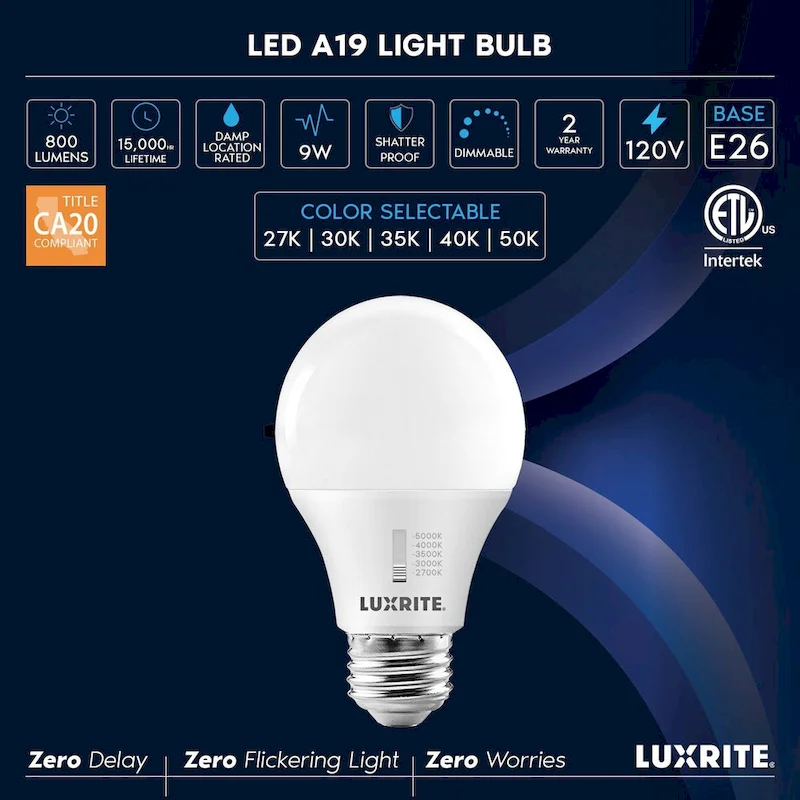 Luxrite A19 LED Light Bulb 60 Watt Equivalent CRI90 5CCT Dimmable 800LM 9W E26 Base ETL 4 Pack