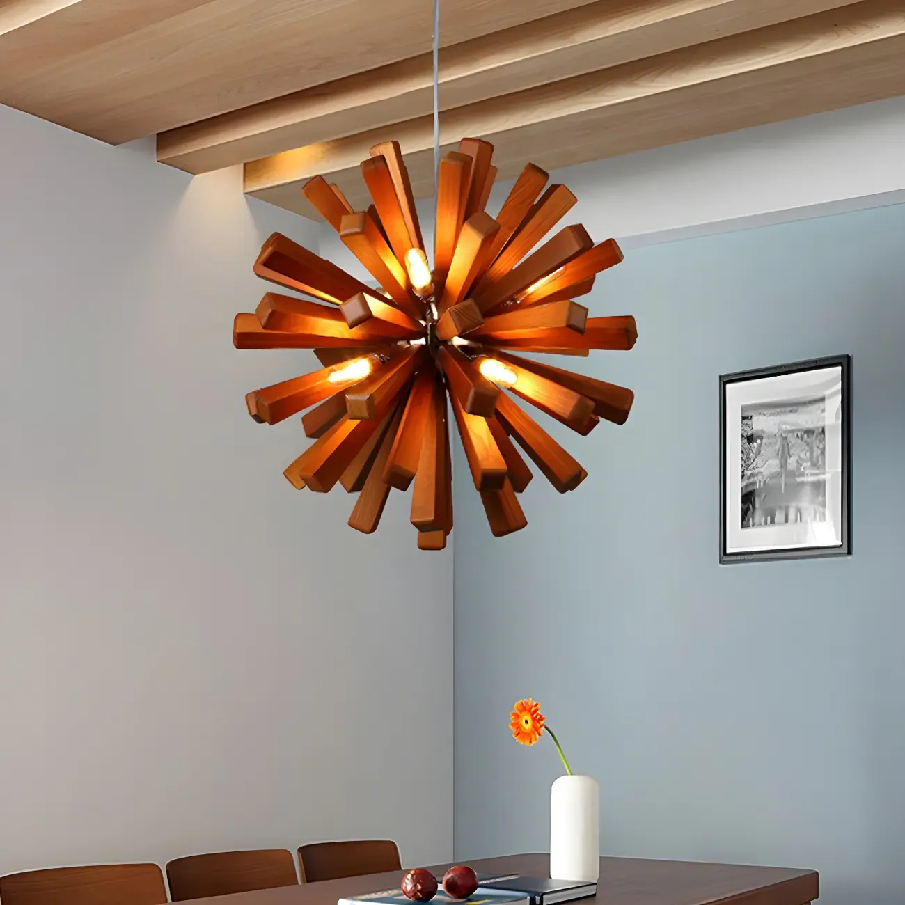 10-Light Modern Dark Wood Round Starburst Chandelier