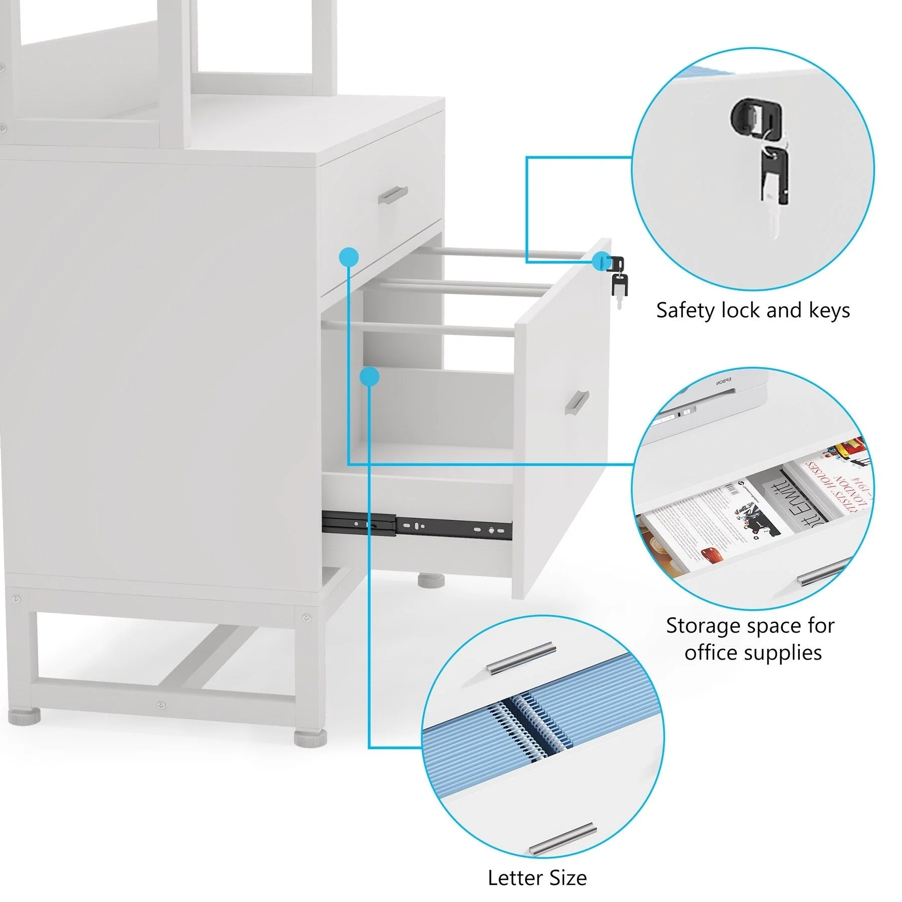 File Cabinet with 2 Drawer, Modern Filing Cabinet Printer Stand with Lock
