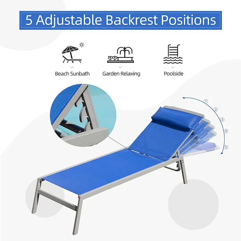 Patio Chaise Lounge Set, 3 Pieces Aluminum Adjustable Pool Lounge Chairs Sunbathing Recliner with Headrest, 1 Table