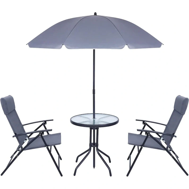 4 Piece Patio Dining Set, Garden Furniture Bistro Set with Tilted Removable Umbrella, 2 Folding Chairs, Round Glass Table (Grey)