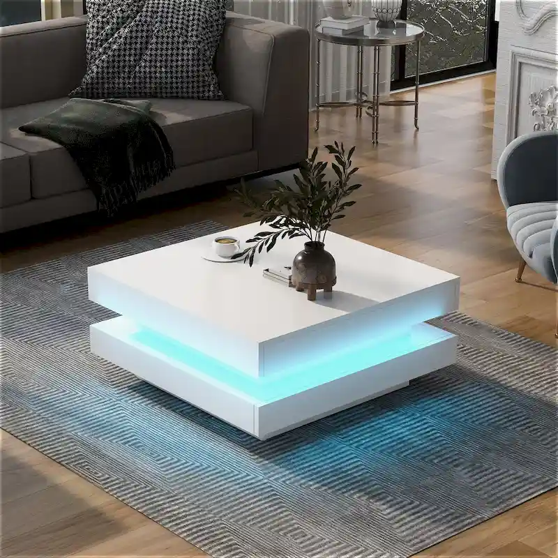 High Gloss Minimalist Design with LED Lights, 2-Tier Square Coffee Table, Center Table for Living Room