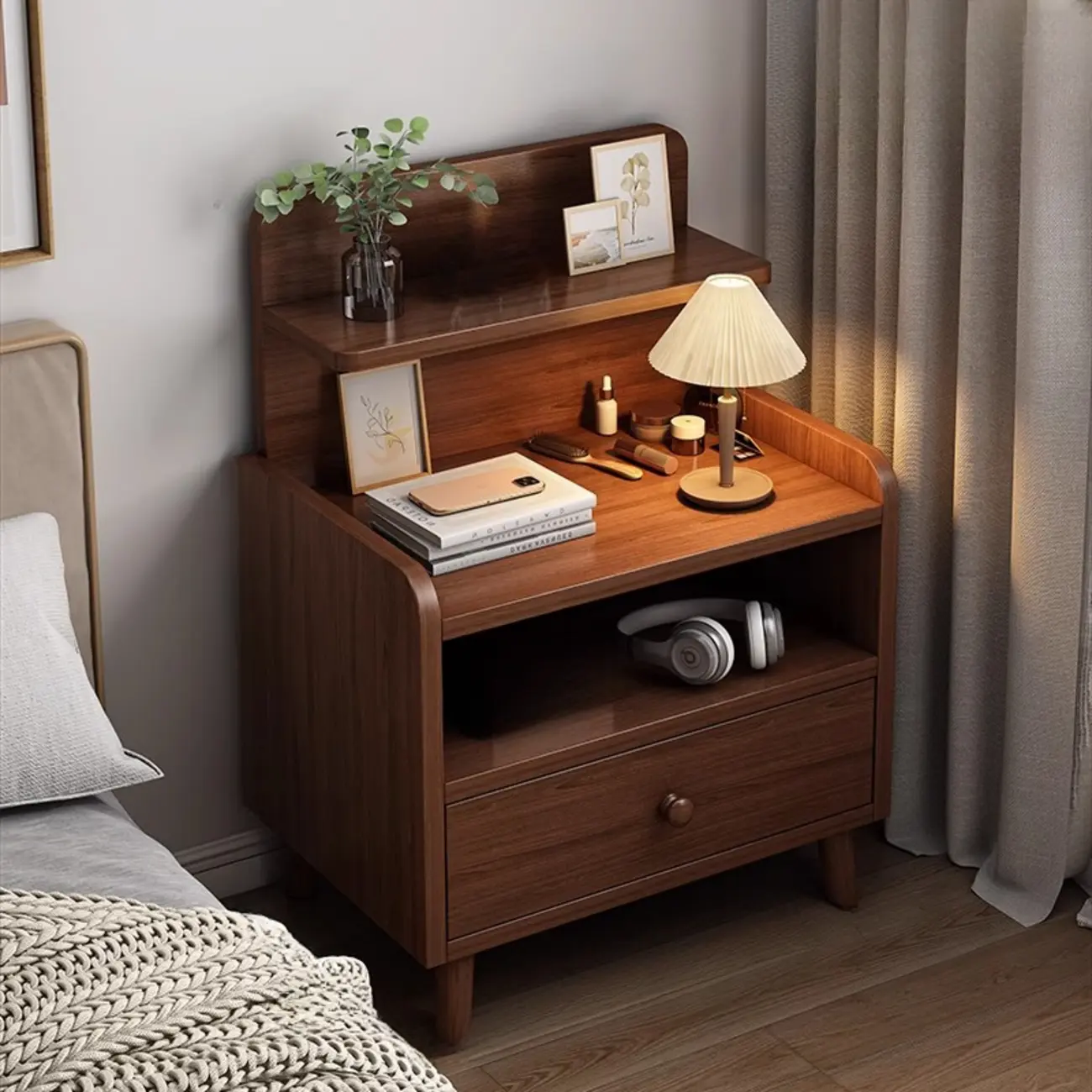 Modern Wooden Three-layer Bedside Table with Lamp Shelf