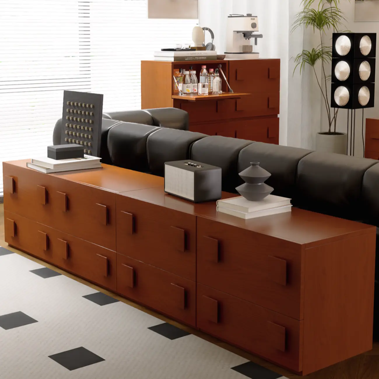 91 Mid-Century Brown Long Pine Wood TV Stand with Drawers