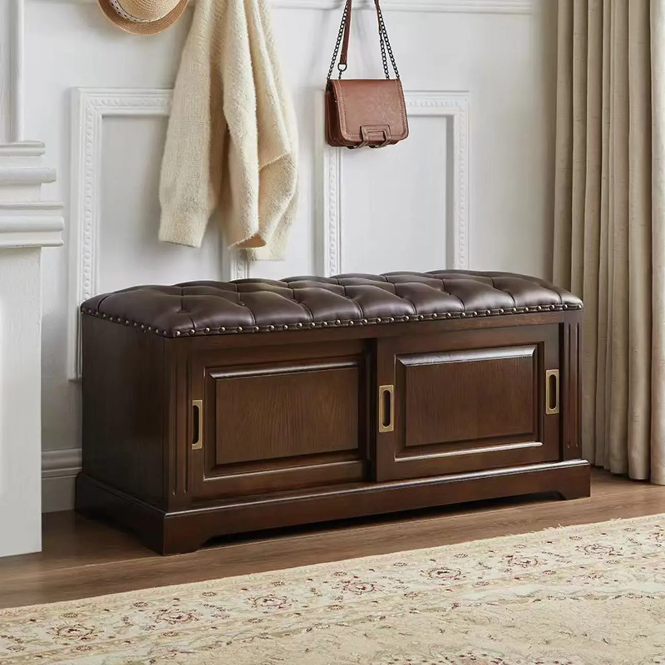 Retro Wood Upholstered Shoe Storage Bench with Sliding Doors