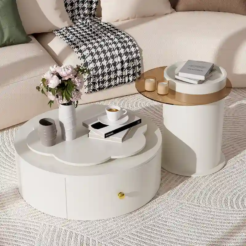 Modern Round Coffee Table Set of 2, 360-Degree Rotatable Flower-shaped Top with 2 Drawers, Top Circle Side Table with Glass
