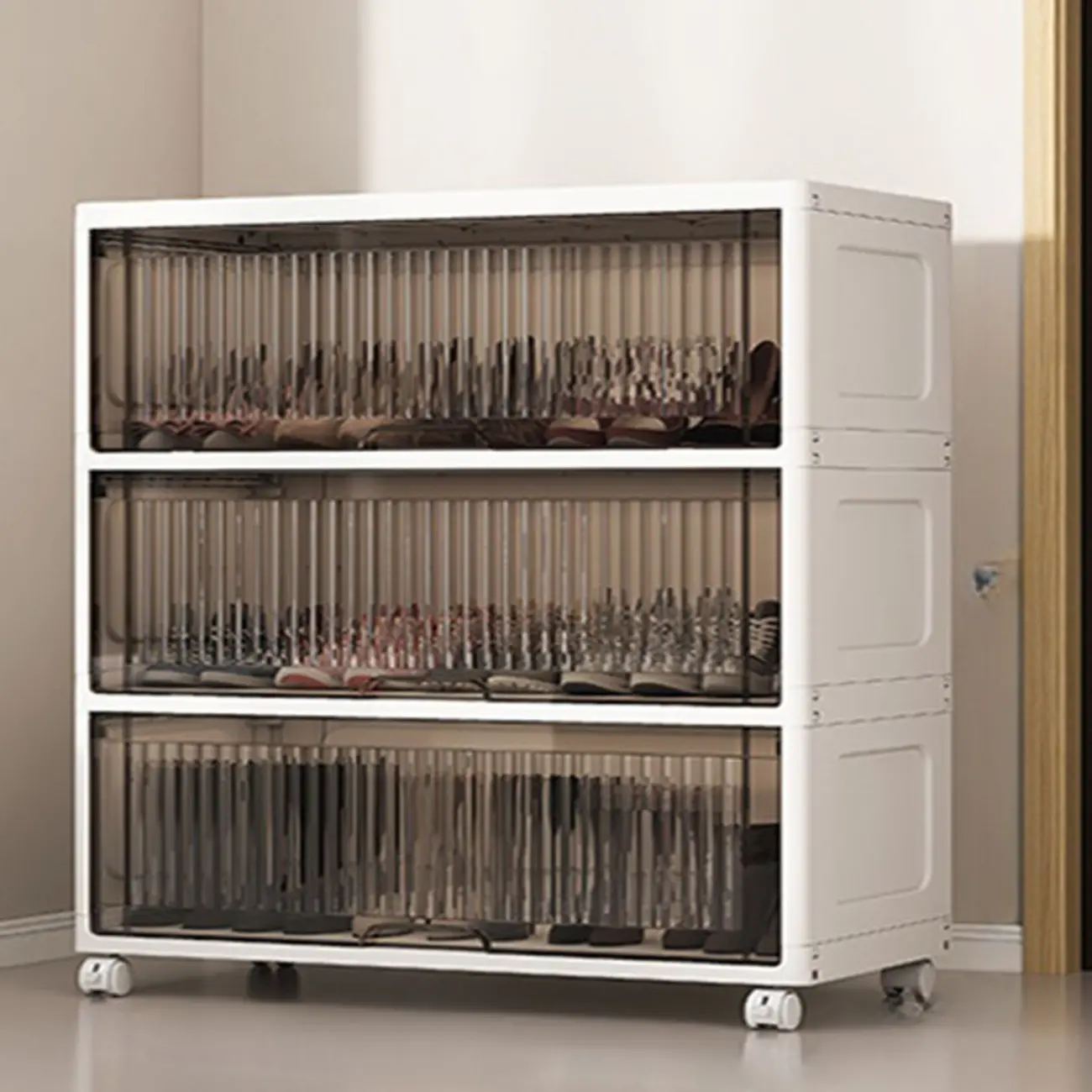 Hallway White Plastic Drop-Front Shoe Cabinet with Casters