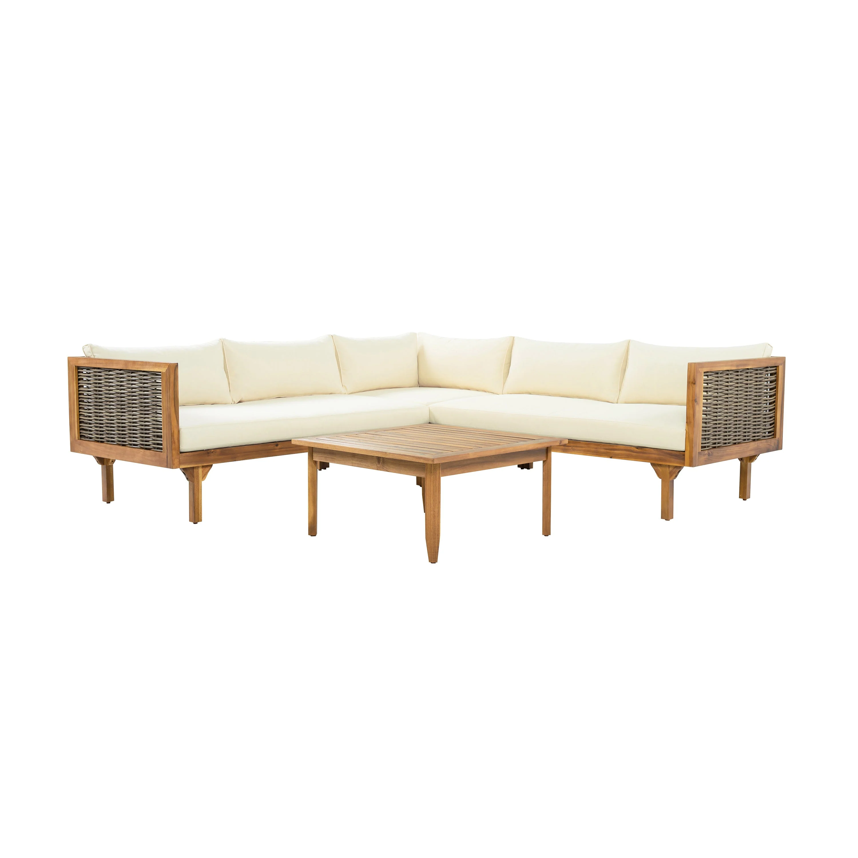 Walker Edison | Acacia Wood Sectional Sofa with Coffee Table
