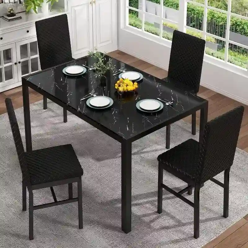 Grondin Modern Style 5-Piece Dining Room Table Set with Tempered Glass Tabletop and 4 Diamond Stitching PU Leather Dining Chairs