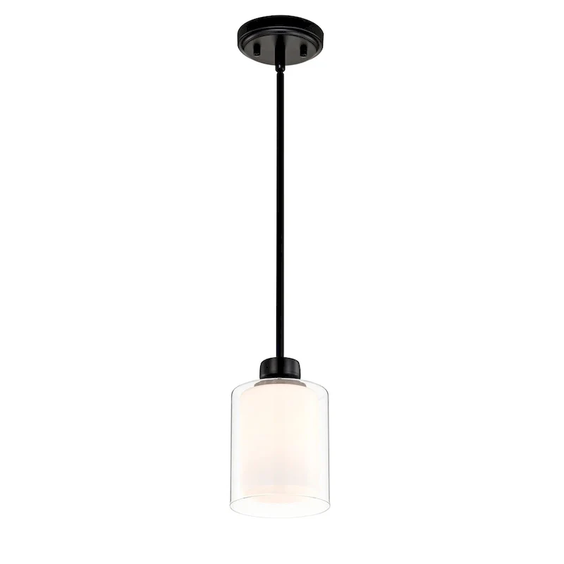 Daley 1-Light Matte Black Double Shaded Mini Pendant Light with Clear Glass and White Glass Shades