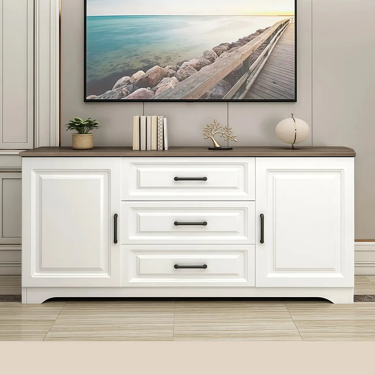 Modern Rectangular White 3-Drawer Wooden TV Stand
