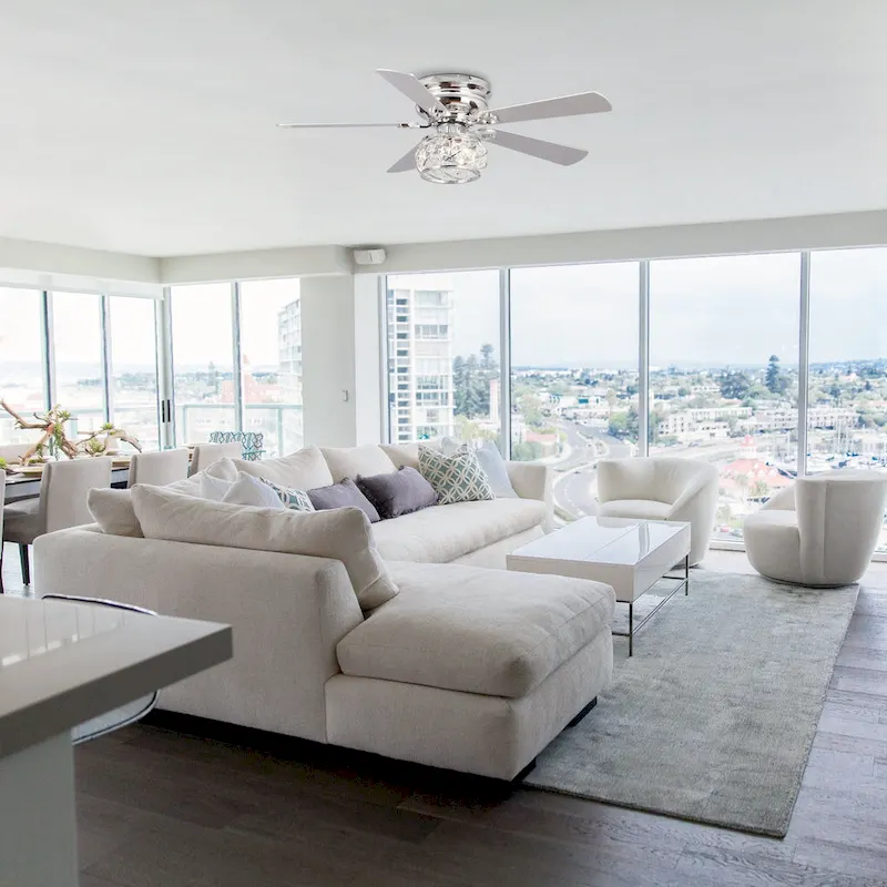 48  Chrome Wooden 5-Blade Crystal Flush Mount Ceiling Fan with Remote