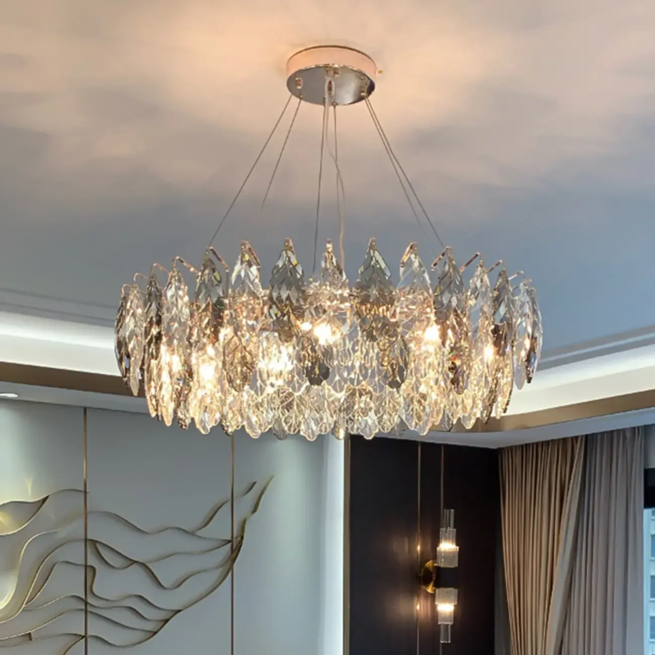 Exquisite Round Multi-light Crystal Leaf Chandelier