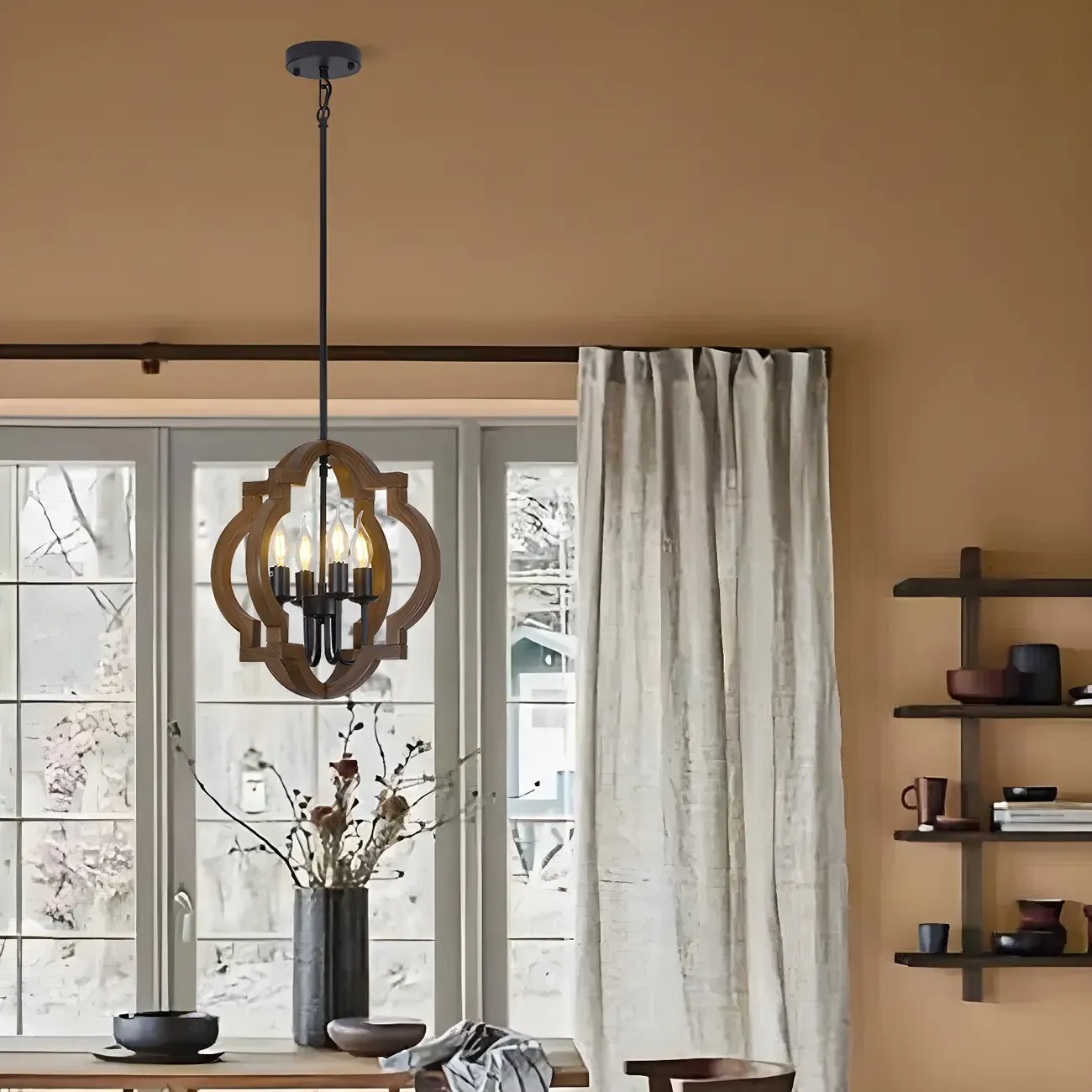 Industrial Adjustable Brown Wood Caged Candelabra Chandelier