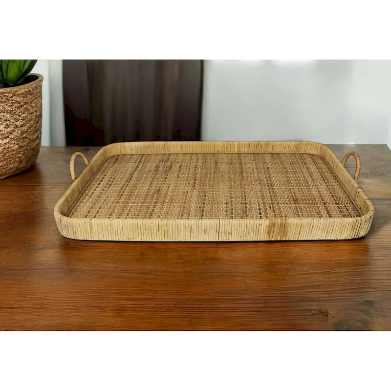 HomeRoots 28  Natural Rectangular Bamboo Serving Tray With Handles