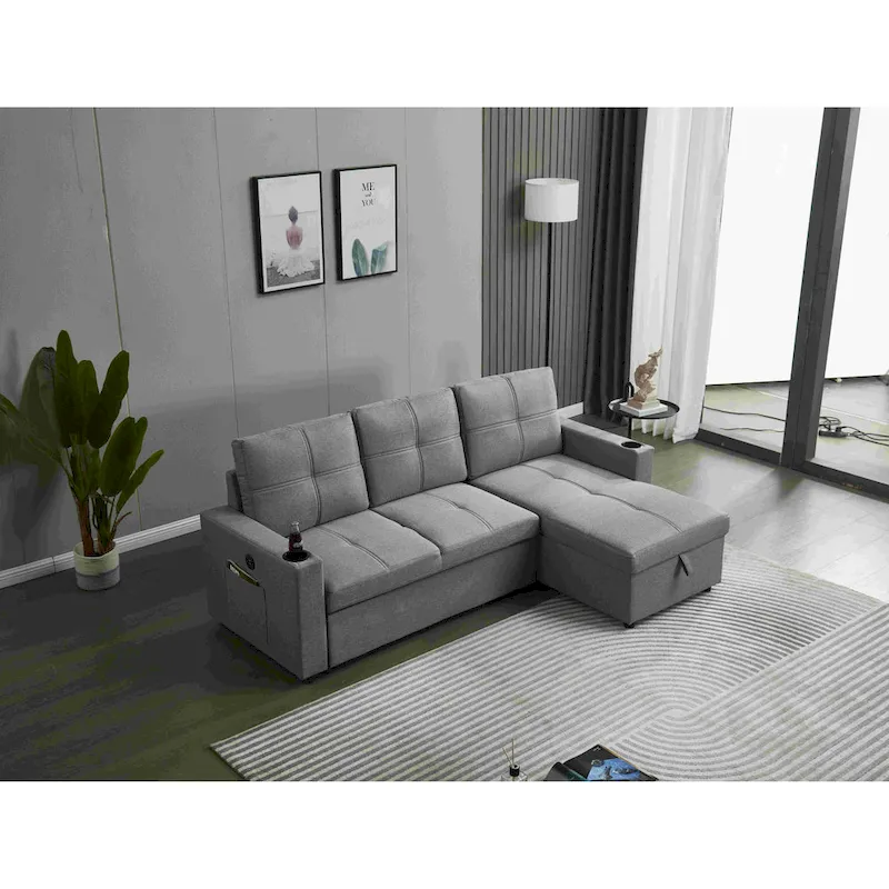 Linen Sectional Sofa Reversible Chaise with Pull out Sleeper