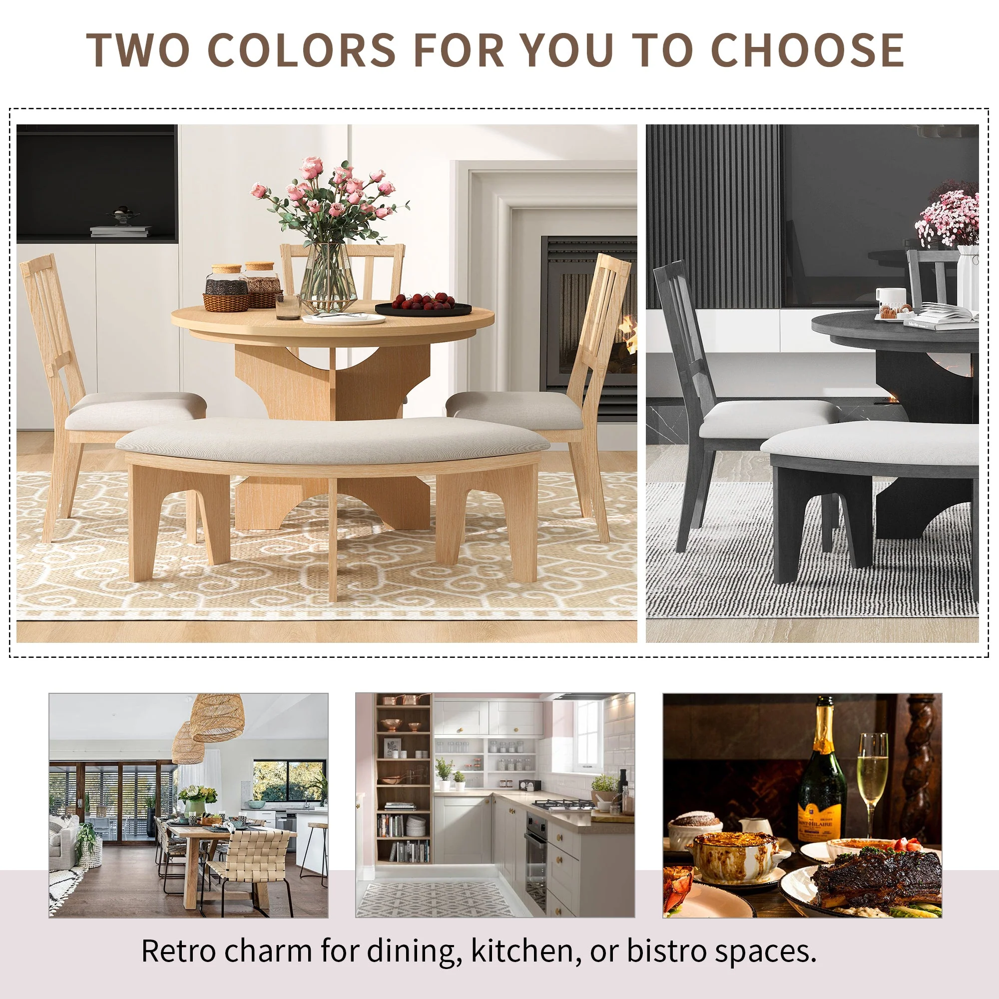 Walker Edison | Charming 5-Piece Rustic Round Dining Set with Chairs and Curved Bench