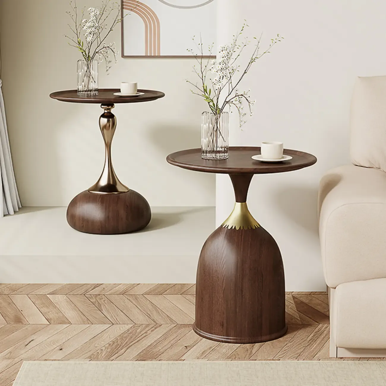 Walnut Steel Round End Table with Abstract Base