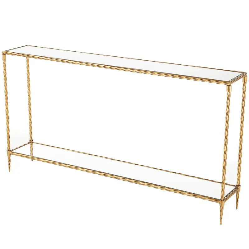 Metal Twisted Rope Inspired 1 Shelf Console Table with Mirrored Glass Top and Shelf - Gold - Roche River Decor