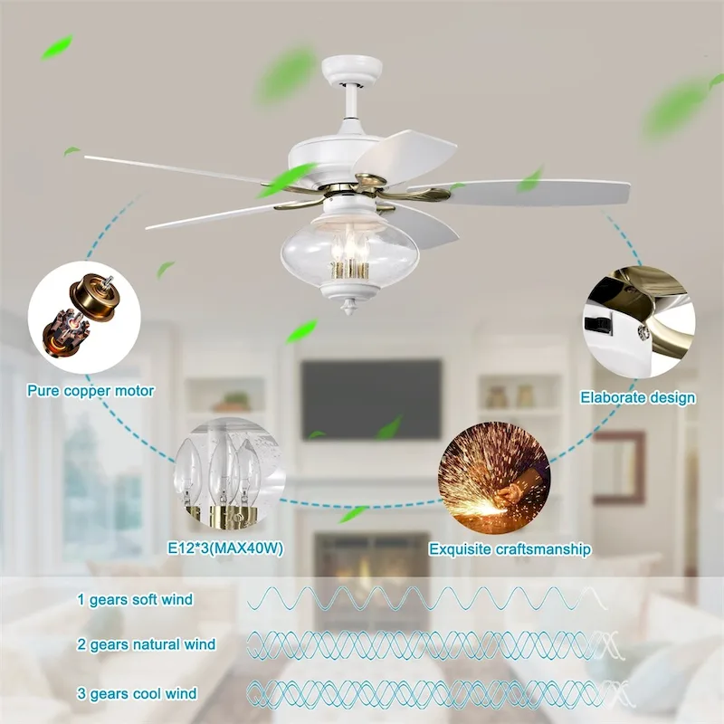 52  Low Profile Ceiling Fan with Remote Control, 3 Speed, Glass Shade