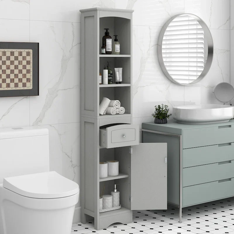 Tall Bathroom Cabinet, Freestanding Storage Cabinet with Drawer& Adjustable Shelf