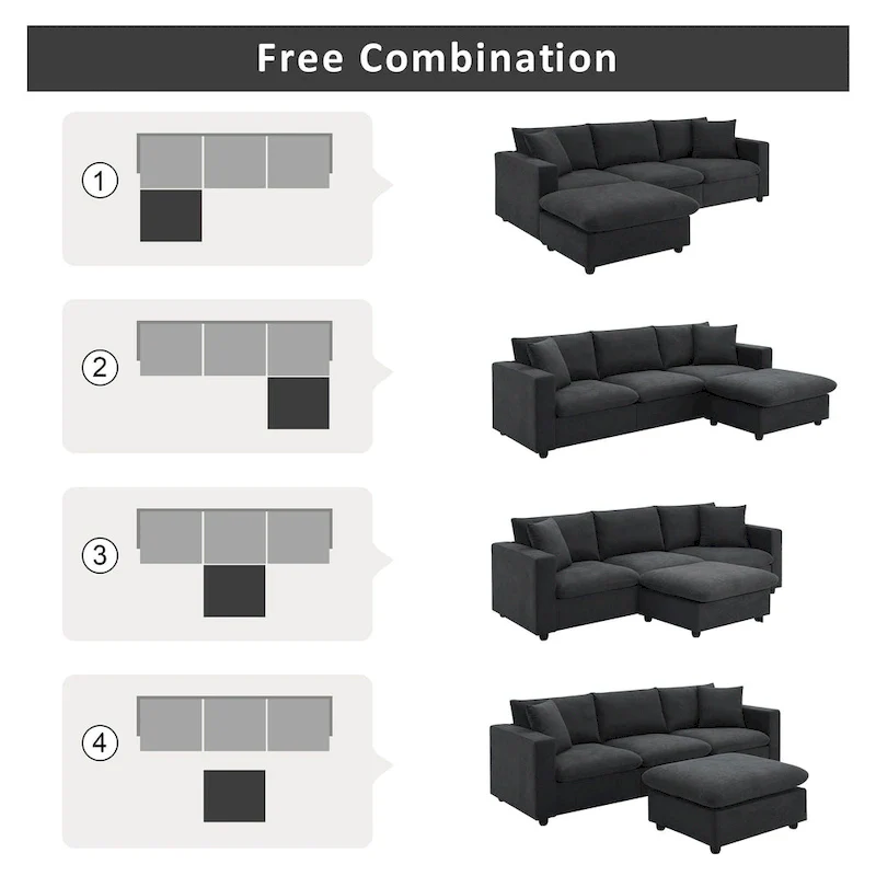 Modern 4-Seat L-Shaped Sectional Sofa, with 2 Free pillows, Convertible Ottoman
