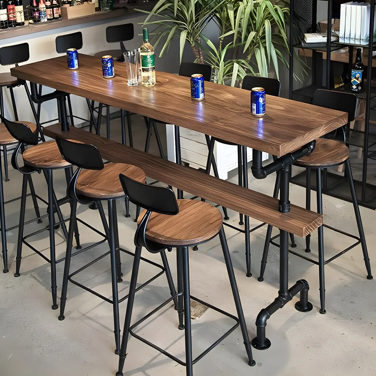 Rectangular Brown Pine Wood Bar Table with Footrest