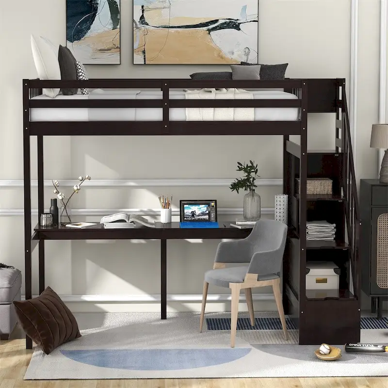 Merax Twin Size Loft Bed with Staircase and Built-in Desk