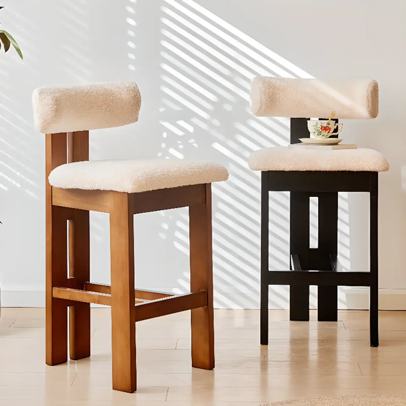 Wooden Boucle Cushioned Backrest Bar Stool