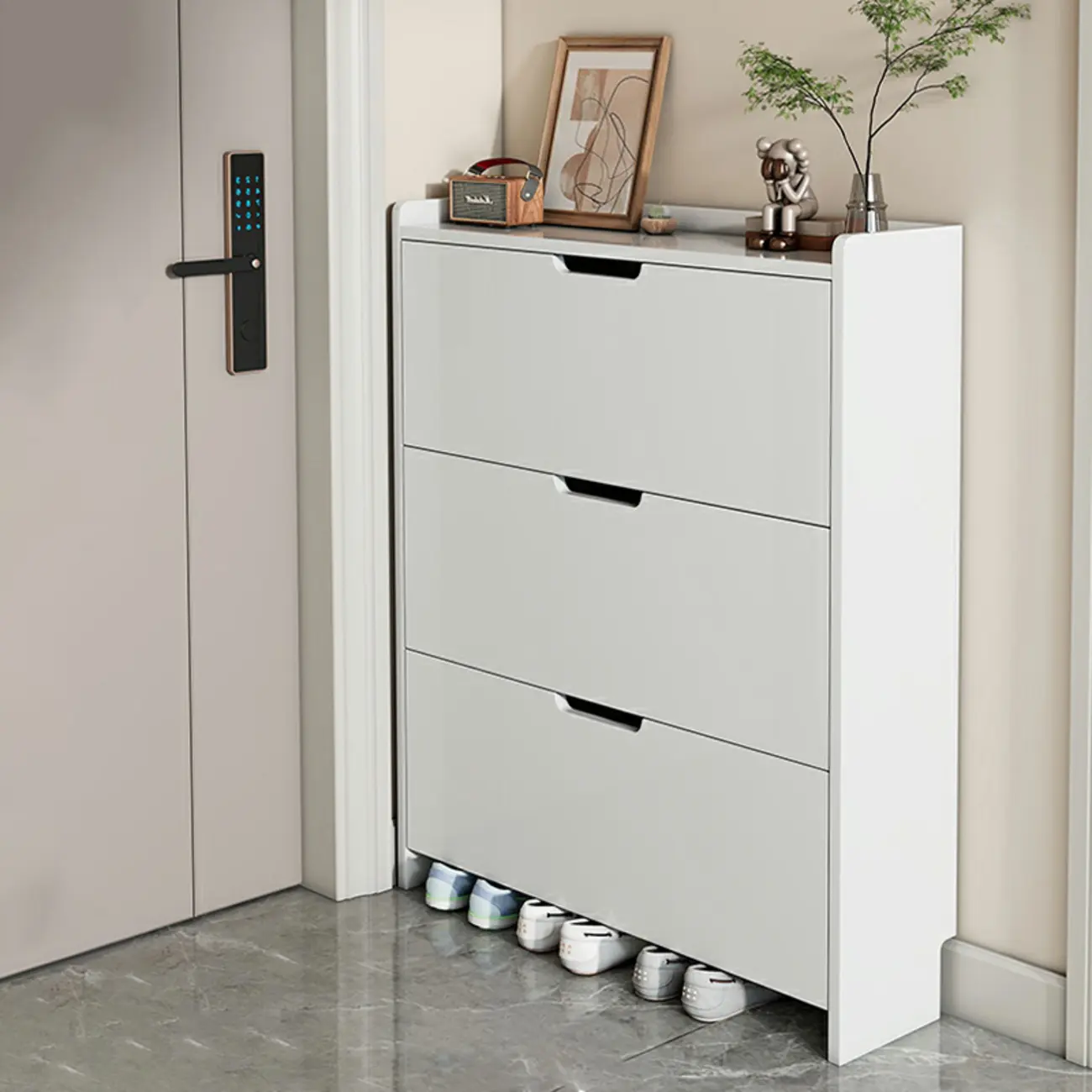 3-Tier White Wood Shoe Cabinet with Drop Front