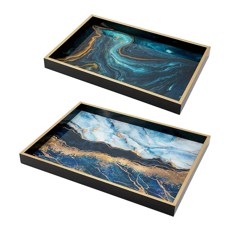 Set of 2 Rectangular Decorative Trays, Tall Rims, Faux Marble, Blue, Gold