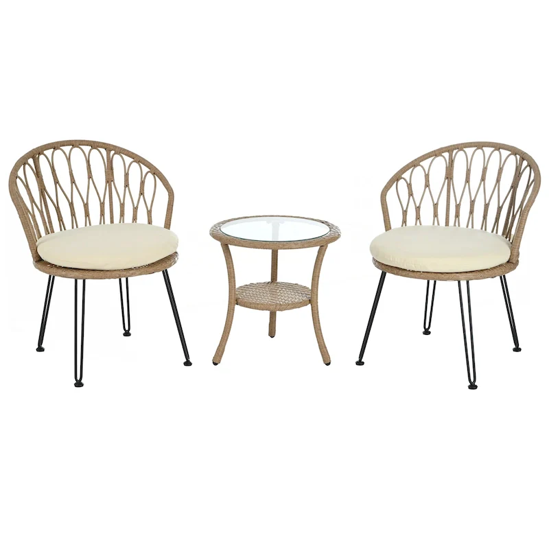 2 Rattan Single Chairs with A Glass Round Table
