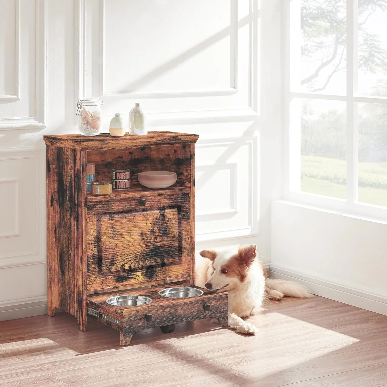 Roomfitters Dog Feeding Station with 2 Elevated Dog Bowls, Tilt Out Pet Feeding Cabinet Station