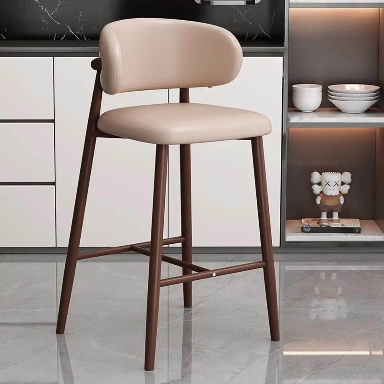 Modern Off-White Leather Curved Back Counter Bar Stools