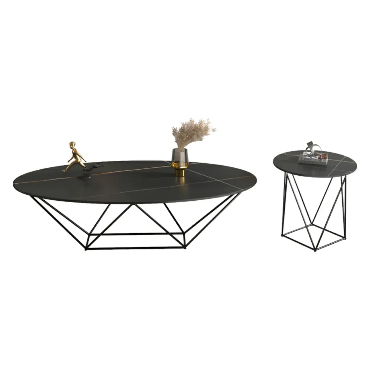 Stylish Metal Black Oval Coffee Table with Geometric Base